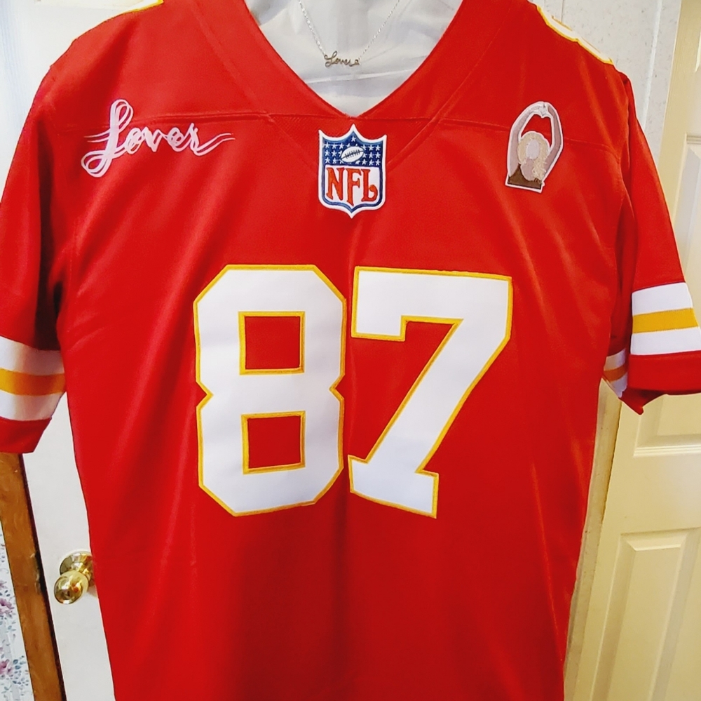 T Swiftie KC 87 Football Jersey With Theme (LOVER) Necklace Red/white Size L